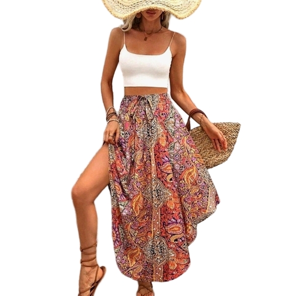 Unbranded Dresses & Skirts - Bohemian Long Skirt Vacay Outfit Boho Hilo Maxi Orange Paisley Plus Size Outfit